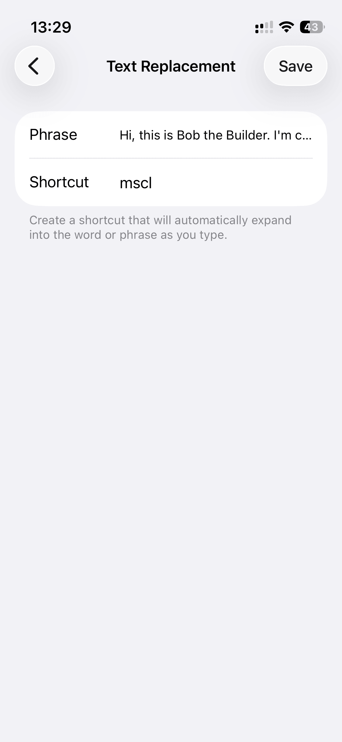 iphone keyboard text replacement completed